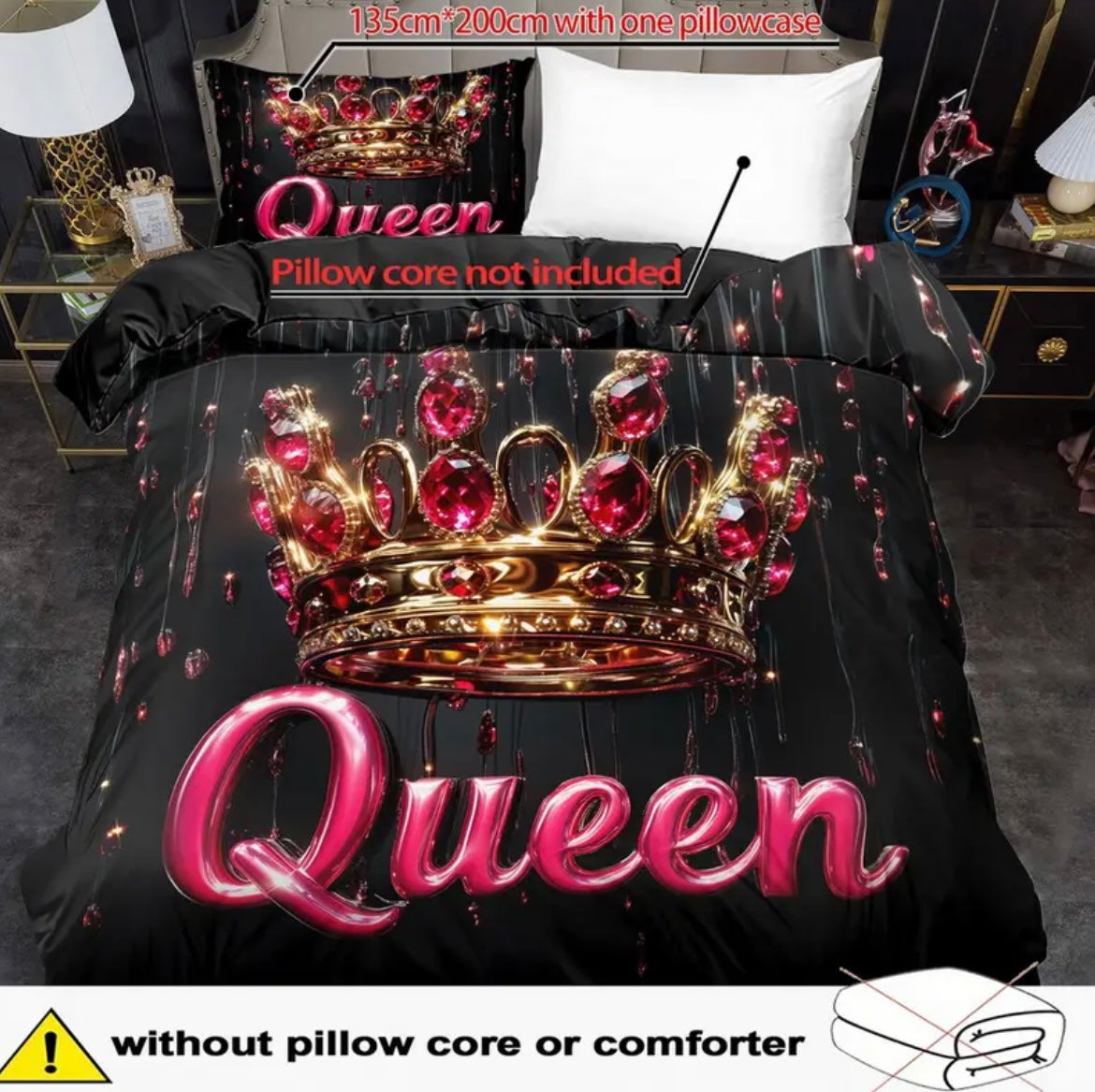 2/ 3pcs Quilt Cover Set, Queen's Crown Print Duvet Cover Set, King Queen Style Bedding Set, Polyester Machine Washable, Room, Birthday Gift (Includes 1 Duvet Cover + 1 or 2 Pillowcases, No Quilt Core)