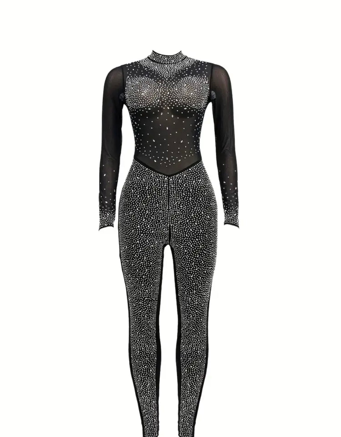 Solid Color Stand Neck Jumpsuit, Y2K Mesh Rhinestone Long Sleeve Jumpsuit For Spring & Summer, Women's Clothing