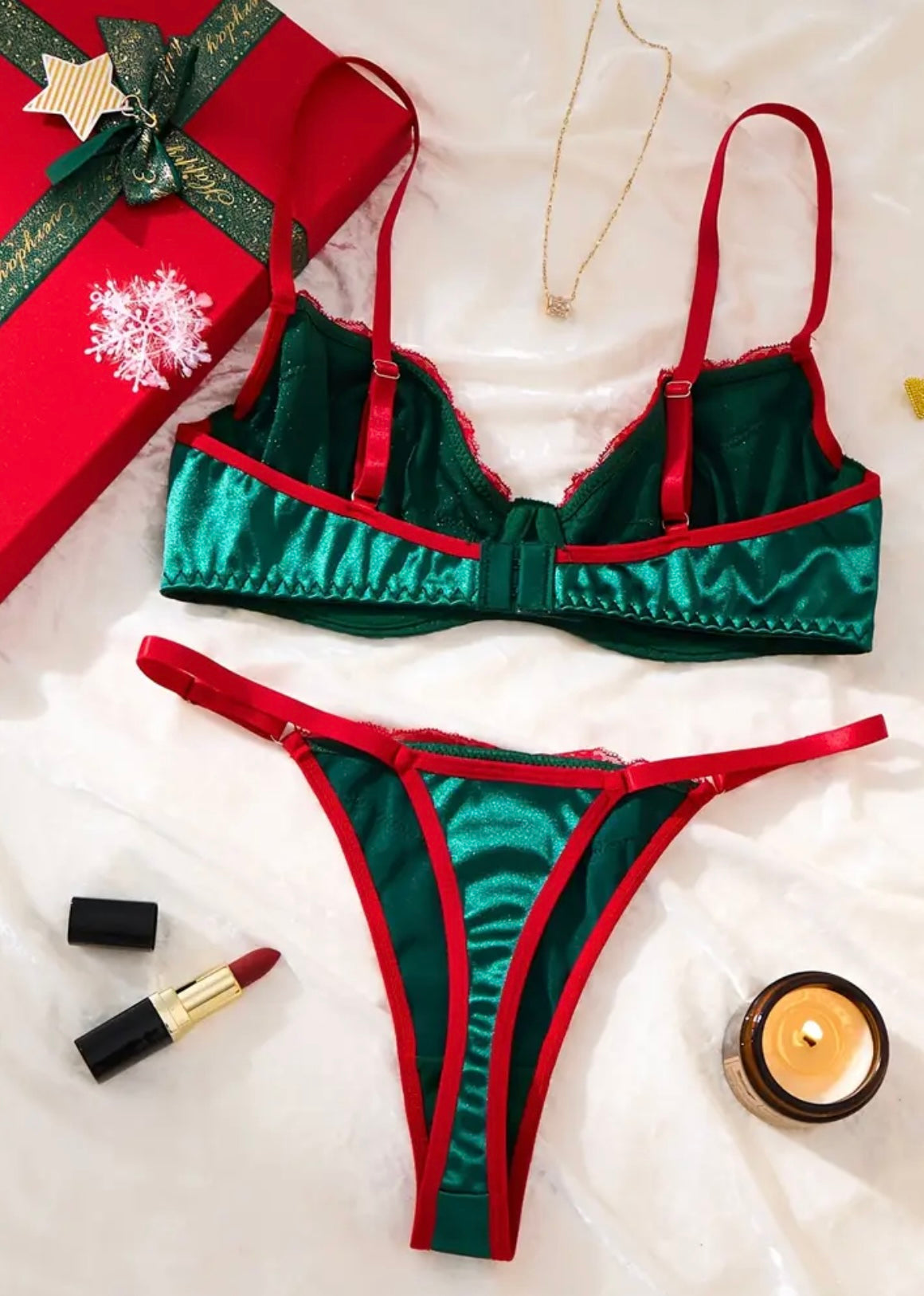 's Green & Red Lace Underwear Set - Sheer Semi-Sheer Lingerie with Strapless Bra & Low-Rise Thong, Burgundy Lace Trim & Matching Panties, Hand Wash Only - Sexy Bohemian/Boudoir Wear