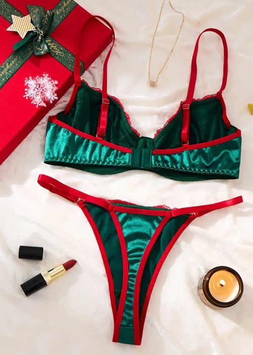 's Green & Red Lace Underwear Set - Sheer Semi-Sheer Lingerie with Strapless Bra & Low-Rise Thong, Burgundy Lace Trim & Matching Panties, Hand Wash Only - Sexy Bohemian/Boudoir Wear
