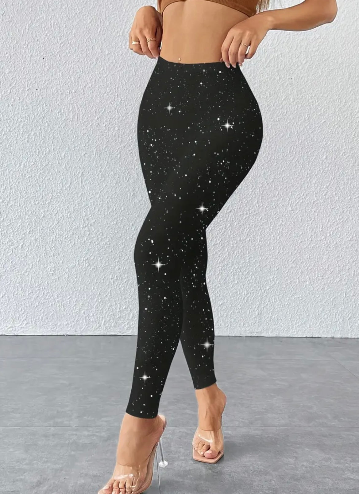 Women'S High-Waisted Rhinestone-Embellished Leggings - Sparkling Star Pattern Tummy Control Pants with Golden Accent Hips, All-Season Stretchy Black Leggings for Dance, Gym, Wedding & Party Wear (Machine Washable) - Shiny Rhinestone Design