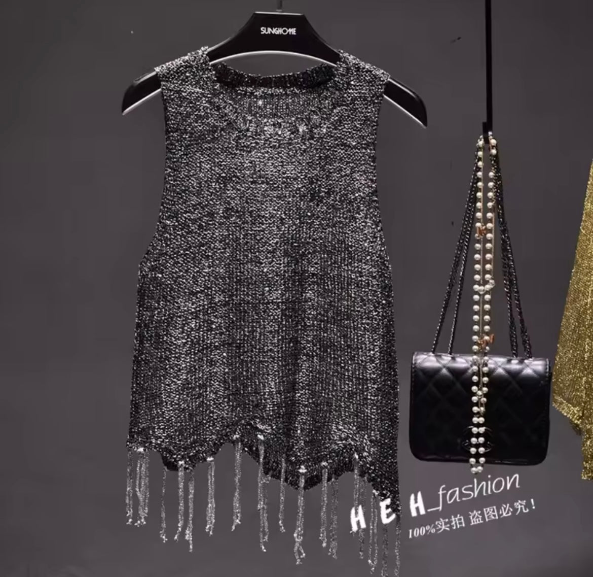 Sexy Shiny Gold Silver Knitted Tank Tops Women Bling Bling Sequined Tassels Knitted Vest Store