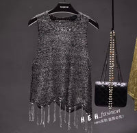 Sexy Shiny Gold Silver Knitted Tank Tops Women Bling Bling Sequined Tassels Knitted Vest Store