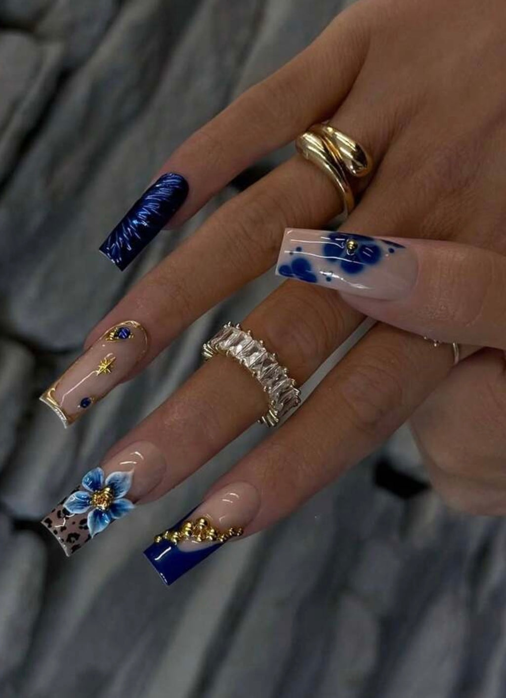 Royal Bloom – Blue Floral Press-On Nails with Gold 3D Char