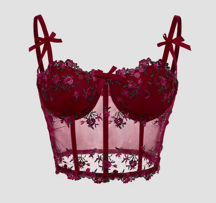 Sexy Lace Floral Embroidery Bow Corset For Women Camisole Sheer Mesh Fishbone Slim Crop Top