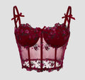 Sexy Lace Floral Embroidery Bow Corset For Women Camisole Sheer Mesh Fishbone Slim Crop Top