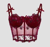 Sexy Lace Floral Embroidery Bow Corset For Women Camisole Sheer Mesh Fishbone Slim Crop Top