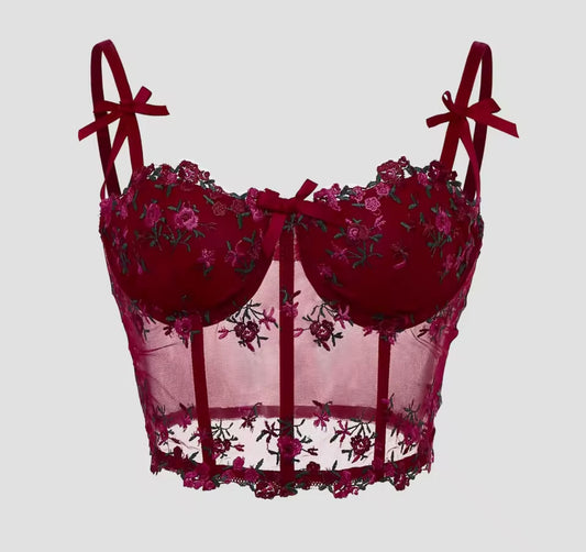 Sexy Lace Floral Embroidery Bow Corset For Women Camisole Sheer Mesh Fishbone Slim Crop Top