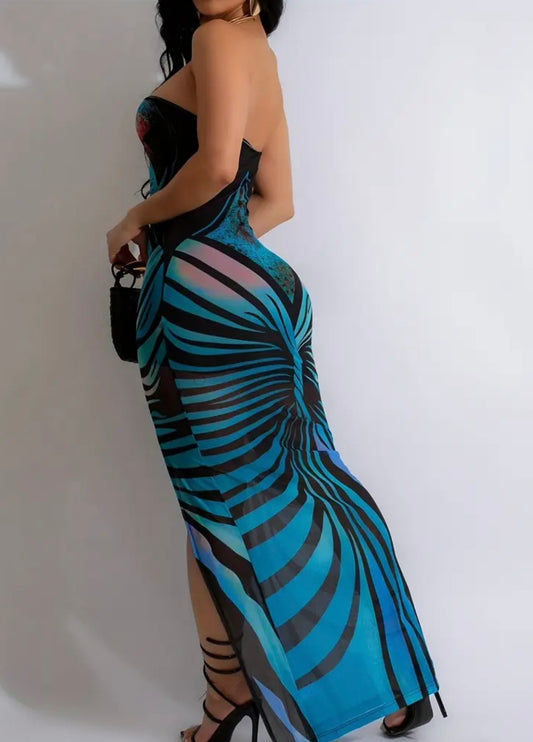 Sexy Strapless Striped Maxi Dress with High Slit - Royal Blue & White Vertical Stripes, Flowy Summer Evening Gown for Women, Perfect for Parties & Formal Events, Formal Evening Gown