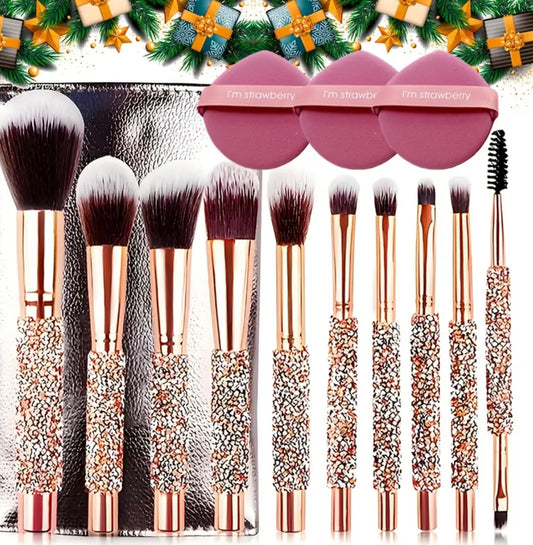 14pcs Set (10 Makeup Brushes + 1 Brush Bag + 3 Powder Puffs) High-End Golden Diamond-Studded Handmade Makeup Brushes / for Beginners / for Various Makeup / for Halloween / Suitable for Christmas / Mother'S Day / Labor Day / Thanksgiving Gifts