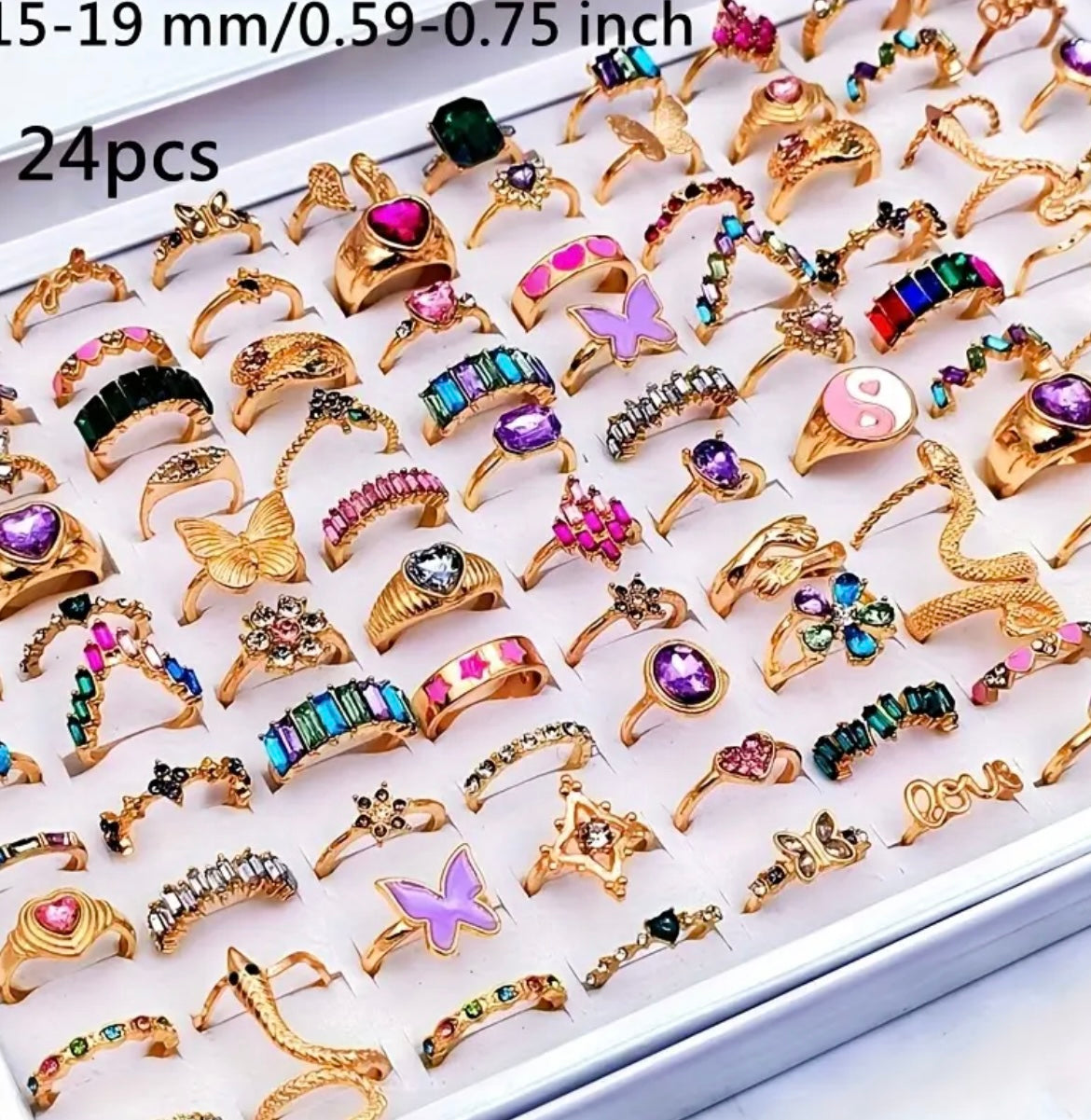 [Rose Golden | Vibrant] 24pcs Rose Golden Alloy Stackable Rings | Vibrant Gemstone & Metallic Accents, Vintage Boho Style for Women & Men - 15mm-19mm Mixed Sizes, Valentine's Day, Parties, Casual Attire - No Box Included, Party Jewelry, Charm, In