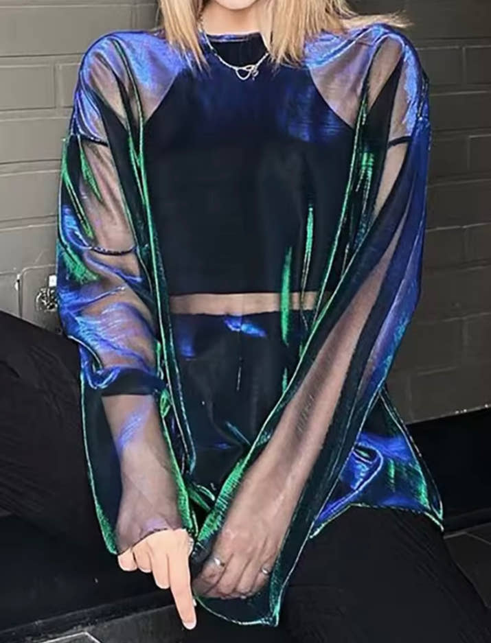 Through T Shirts For Women Y2k Clothes Sexy Crop Tops Long Sleeve Oversized Tshirt O-Neck Club shirt