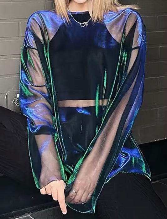 Through T Shirts For Women Y2k Clothes Sexy Crop Tops Long Sleeve Oversized Tshirt O-Neck Club shirt