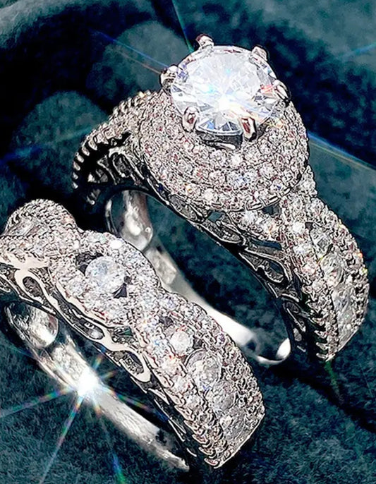 925 Sterling Silver Ring, Six Claw Ring, Two-Piece Ring Set, Wedding Ring. Ladies' Ring, Exquisite Sparkling Ring, Gift Jewelry Box, Give a Friend a Birthday Gift They Like, Holiday Gifts, The Ideal Gift, Suitable