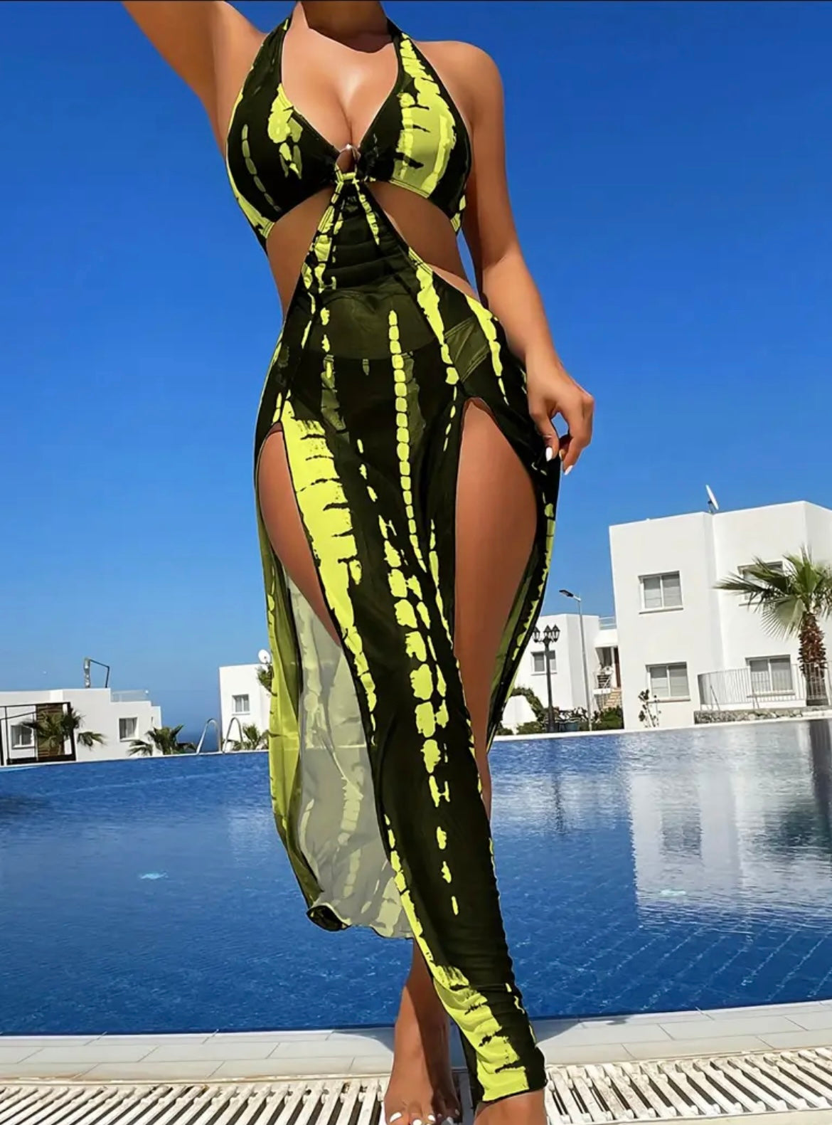 Fashionable And Sexy Tie-Dye Halterneck Slit One-Piece Swimsuit, Women'S Three-Piece Swimsuit, Bikini Set, Hollow Design And Flowing Skirt Elements, Suitable for Pool Parties
