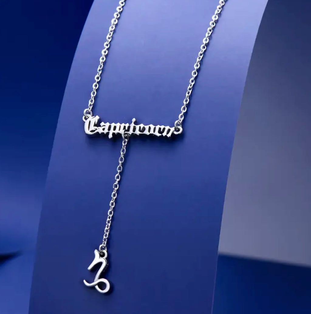 Zodiac Necklace 925 Sterling Silver 12 Constellation Lariat Necklace Old English Zodiac Sign Y-Shaped Pendant Necklace Horoscope Astrology Jewelry Gifts for Women