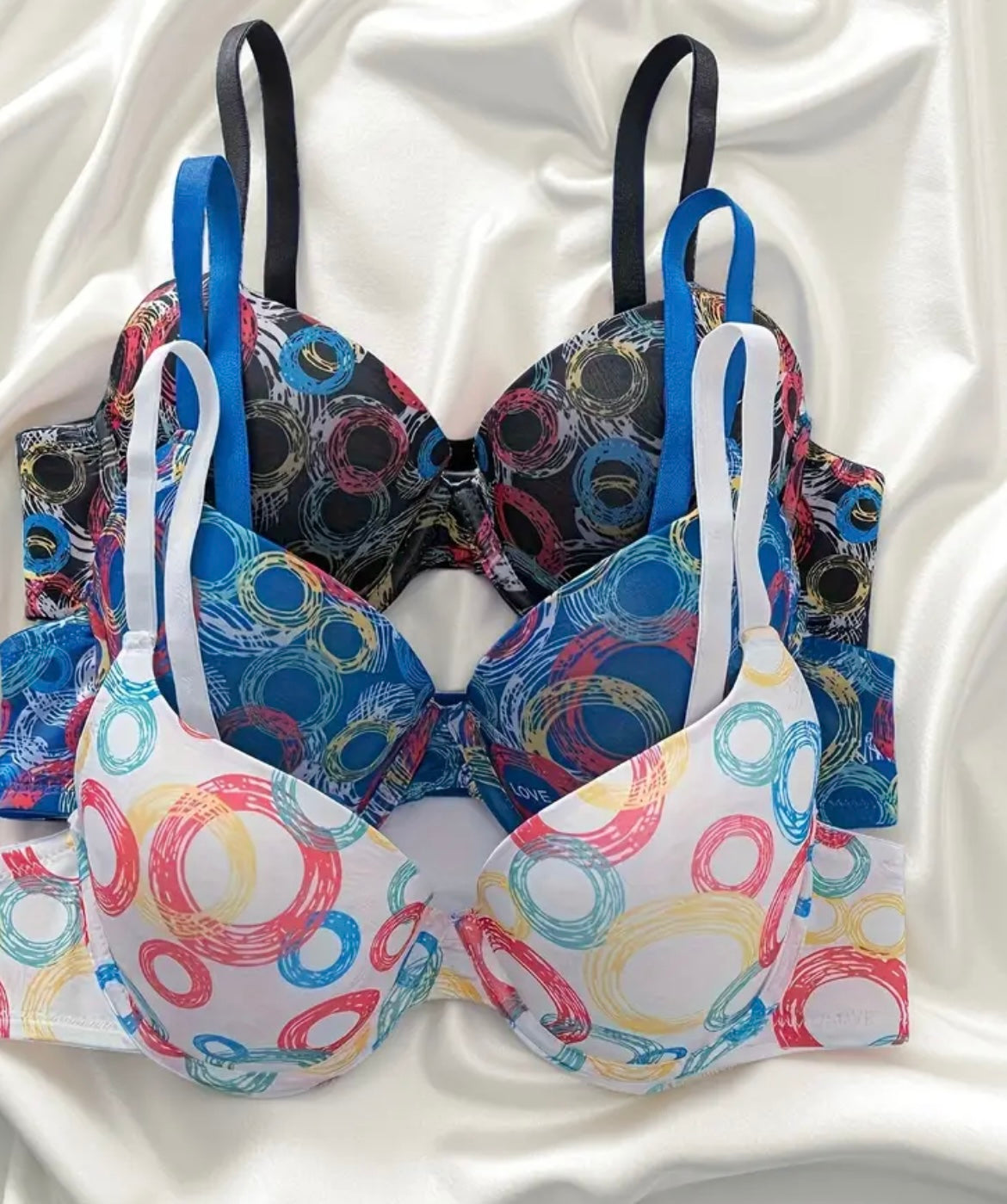 [Push-Up Bras | Adjustable] 3pcs Set Women's Push-Up Bras | Adjustable Underwire, Full-Coverage Non-Detachable Cups | Soft Beige-Friendly Lift & Boning, Multicolor Circle Print (Pink/Blue/Purple)