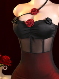 Elegant Black Velvet Dress with Red Rose Design - Sexy High-End Lingerie, Playful Mini Skirt Set, Perfect for Adults, Adult Lingerie Sophisticated Style|Velvet Dress