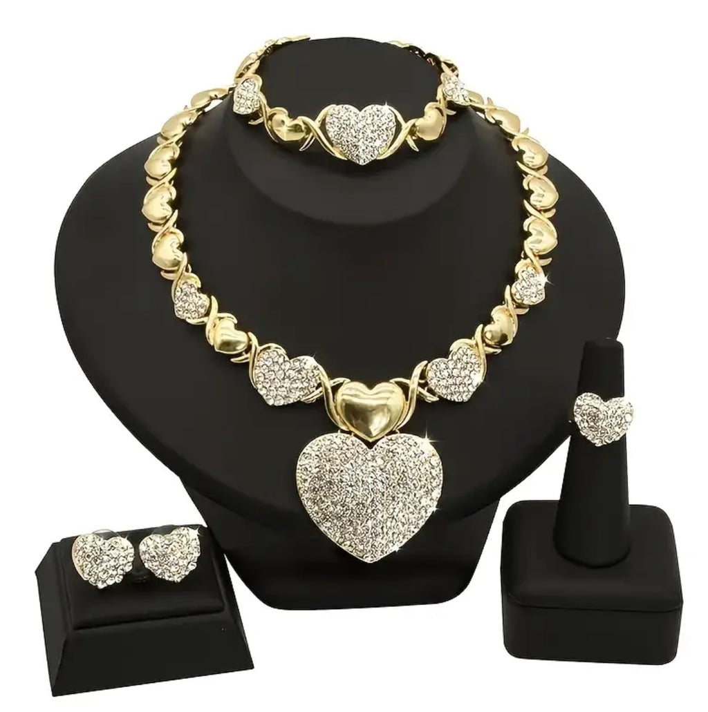 4pcs Set Of Luxury Jewelry XOXO Heart Pendant Necklace Bracelet Earring Ring Women Jewelry Set for Gift for Mother's Day Wedding Party Jewelry