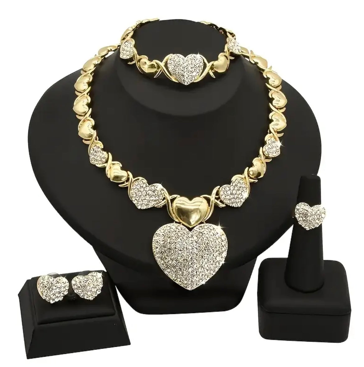 4pcs Set Of Luxury Jewelry XOXO Heart Pendant Necklace Bracelet Earring Ring Women Jewelry Set for Gift for Mother's Day Wedding Party Jewelry