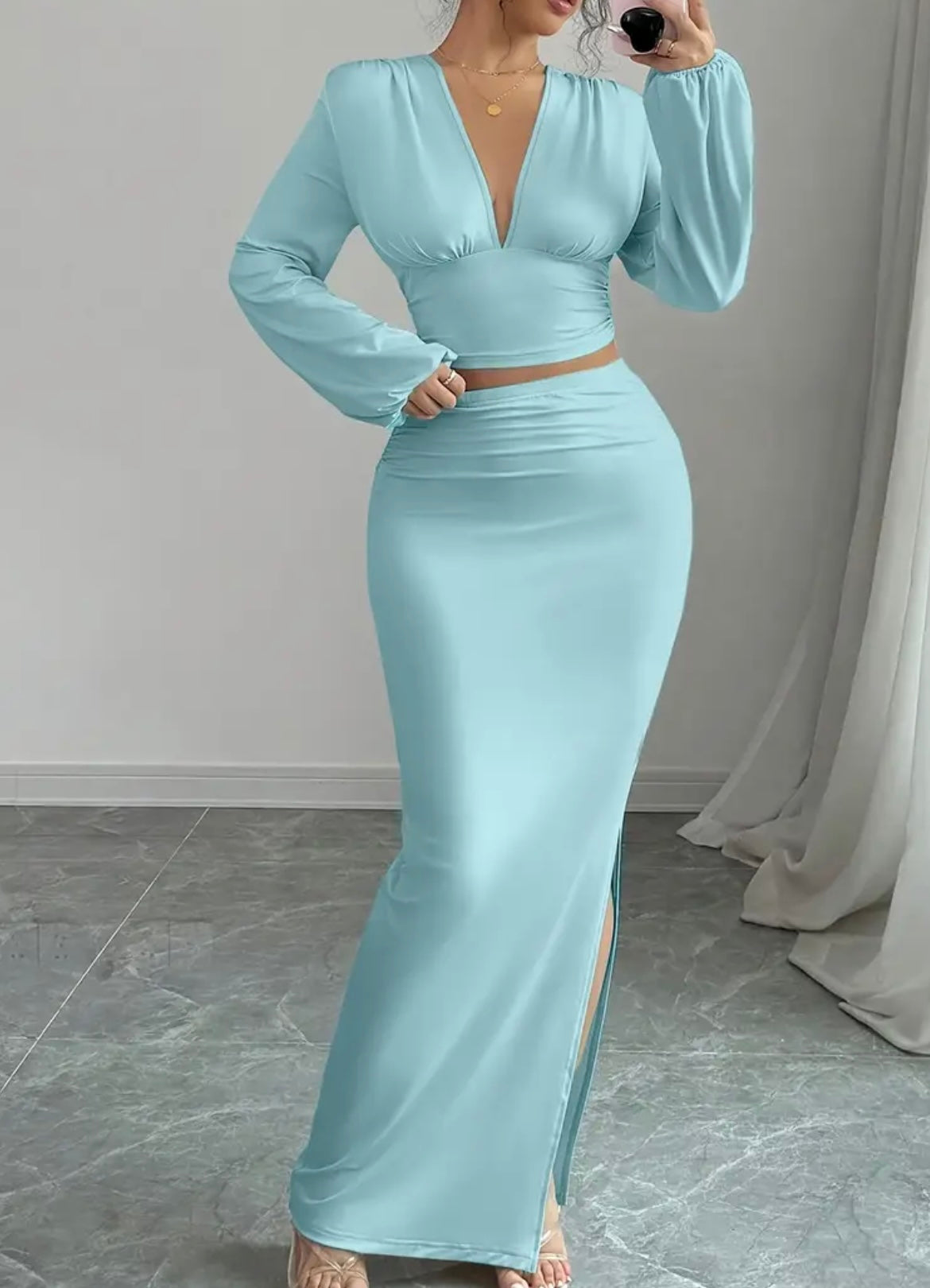 Women'S Elegant V-Neck Long Sleeve Top & High-Waisted Bodycon Skirt Set - Chic Solid Color Two-Piece Outfit