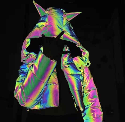 Winter Women Rainbow Reflective Horn Hooded Parkas Down Bubble Coat Puffer Jacket