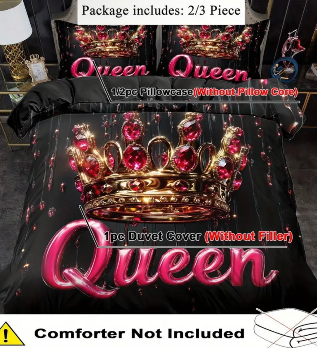 2/ 3pcs Quilt Cover Set, Queen's Crown Print Duvet Cover Set, King Queen Style Bedding Set, Polyester Machine Washable, Room, Birthday Gift (Includes 1 Duvet Cover + 1 or 2 Pillowcases, No Quilt Core)