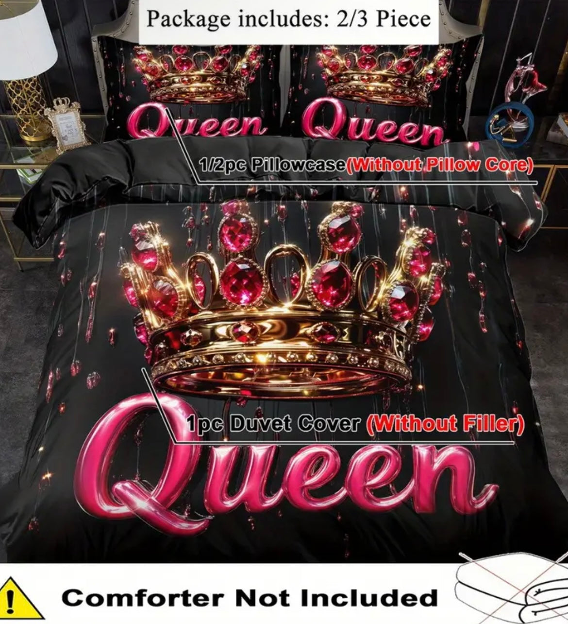 2/ 3pcs Quilt Cover Set, Queen's Crown Print Duvet Cover Set, King Queen Style Bedding Set, Polyester Machine Washable, Room, Birthday Gift (Includes 1 Duvet Cover + 1 or 2 Pillowcases, No Quilt Core)