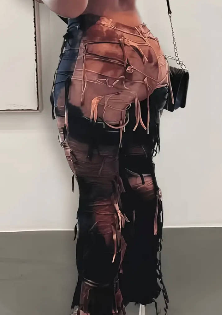 [High-Waisted Tie-Dye Pants] Ultra-Long High-Waisted Stretchy Semi-Sheer Tie-Dye Tassel Flared Pants | Women's Winter Pants with Elastic Waistband