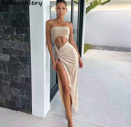 WhereMery Sexy Sleeveless Slit Dress Hollow Out Elegant Skinny Women Long Dresses Summer 2024
