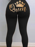 Women's High Waist Skinny Leggings with Queen Letter Print & Golden - Black Tummy Control Stretchy Pants, Golden Lettering All-Over Print, Non-Sheer Casual & Casual Attire