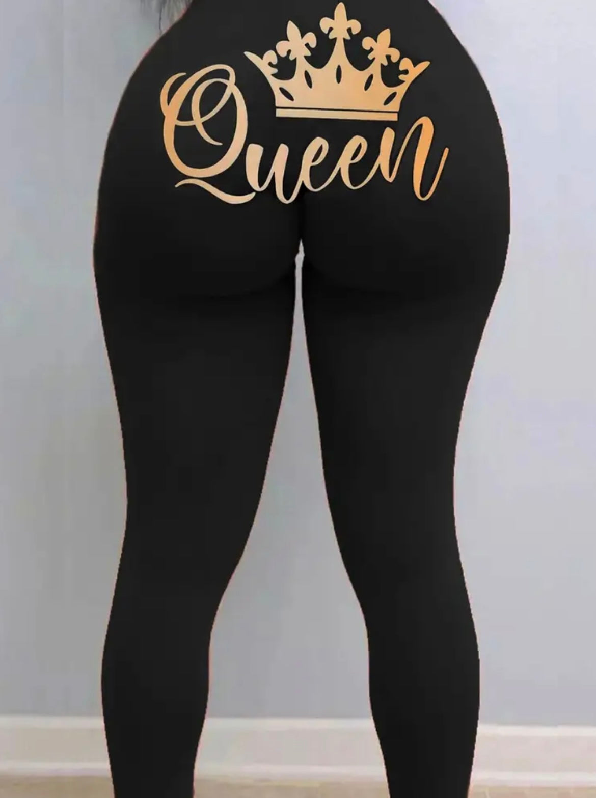 Women's High Waist Skinny Leggings with Queen Letter Print & Golden - Black Tummy Control Stretchy Pants, Golden Lettering All-Over Print, Non-Sheer Casual & Casual Attire