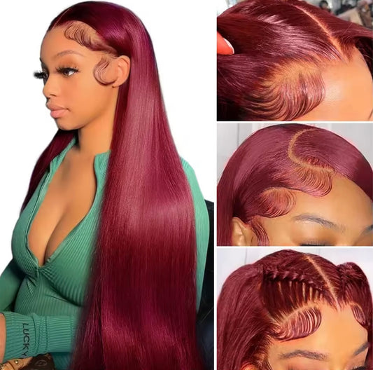99J Colored Lace Front Human Hair Wigs Straight Burgundy 13x4  Transparent Full Lace Frontal Wig