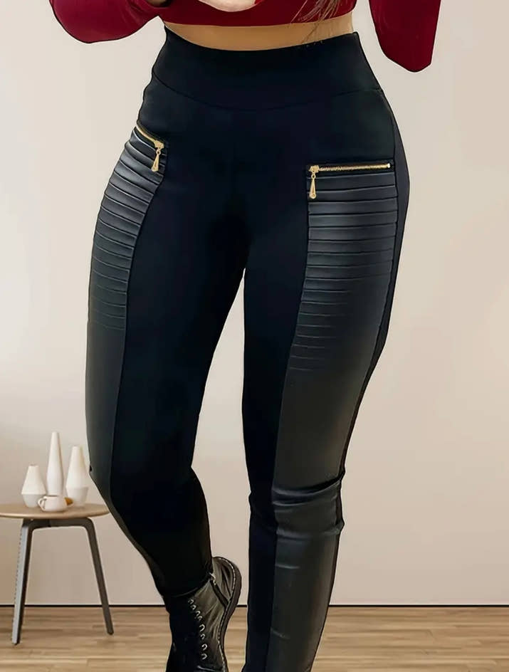 Women's Plus Size Black Casual Solid Color Pants with Golden Zipper Pockets - Stretchy Tapered Leg, Machine Washable All-Season Comfort Fit, Versatile Clothing | Nontransparent Fabric