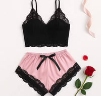 Women's 2 Piece Sexy Lace Pajama Set See-Through Bralette Cami Top and Shorts Breathable Sleepwear