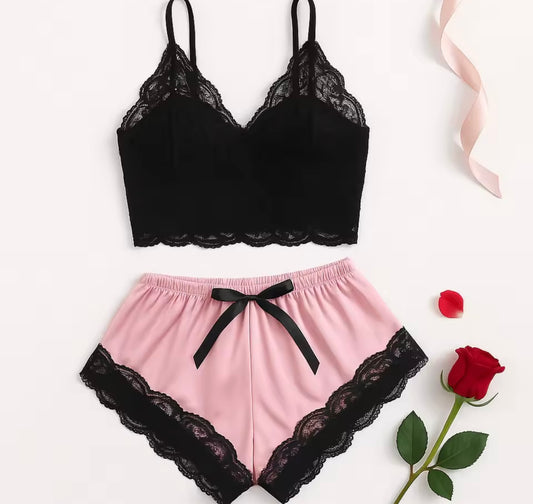 Women's 2 Piece Sexy Lace Pajama Set See-Through Bralette Cami Top and Shorts Breathable Sleepwear