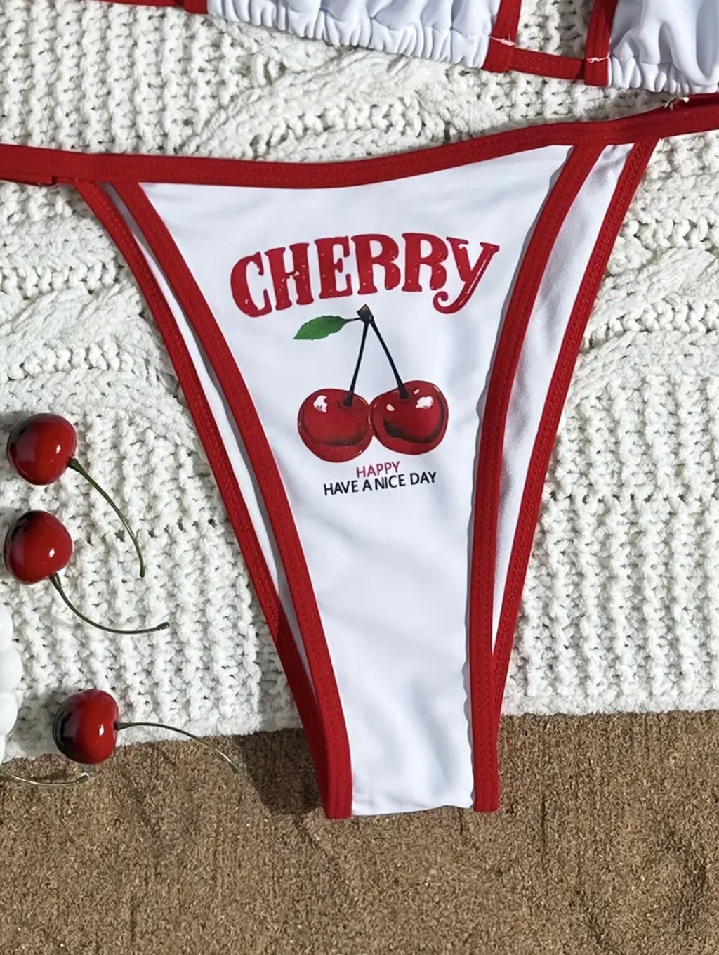 Women's Fashionable Sexy Letter Print Three-Piece Swimsuit Set with Halter Neck Top and High-Cut Triangle Bottoms Cherry Print - Beimun Warm Orientation Plan