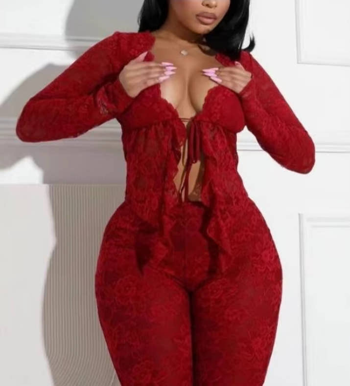 Sexy lace up hollow cardigan long sleeve shirt lace pants two piece set women