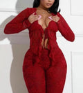 Sexy lace up hollow cardigan long sleeve shirt lace pants two piece set women