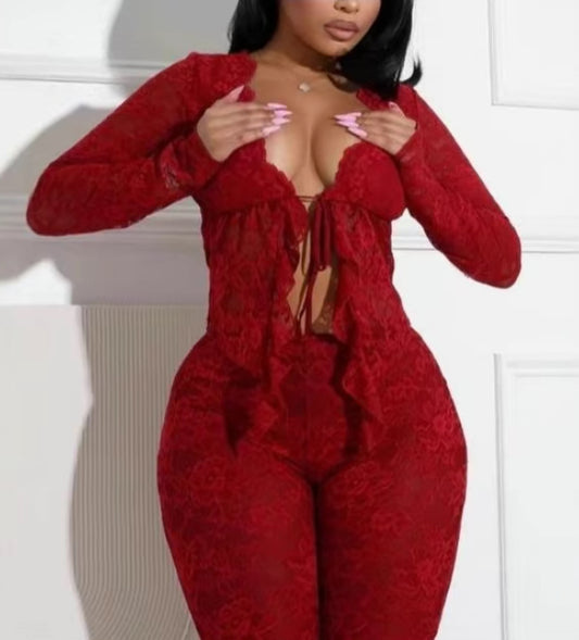 Sexy lace up hollow cardigan long sleeve shirt lace pants two piece set women
