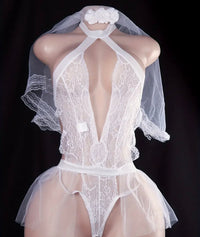 Bride'S Lace-up Nightgown Set - White Lace Socks + Sheer Mesh Uniform, Pure Desire Sexy Lingerie