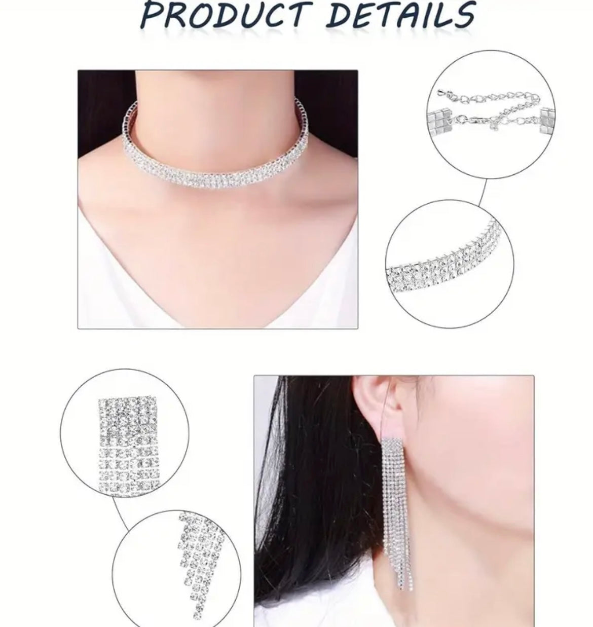 Women Rhinestone Jewelry Set, Rhinestone Choker Stretch Bracelet Bangle Rhinestone, Necklace Ring Dangle Fringe Earrings for Wedding, 8pcs Bridal Birthday Party Accessories