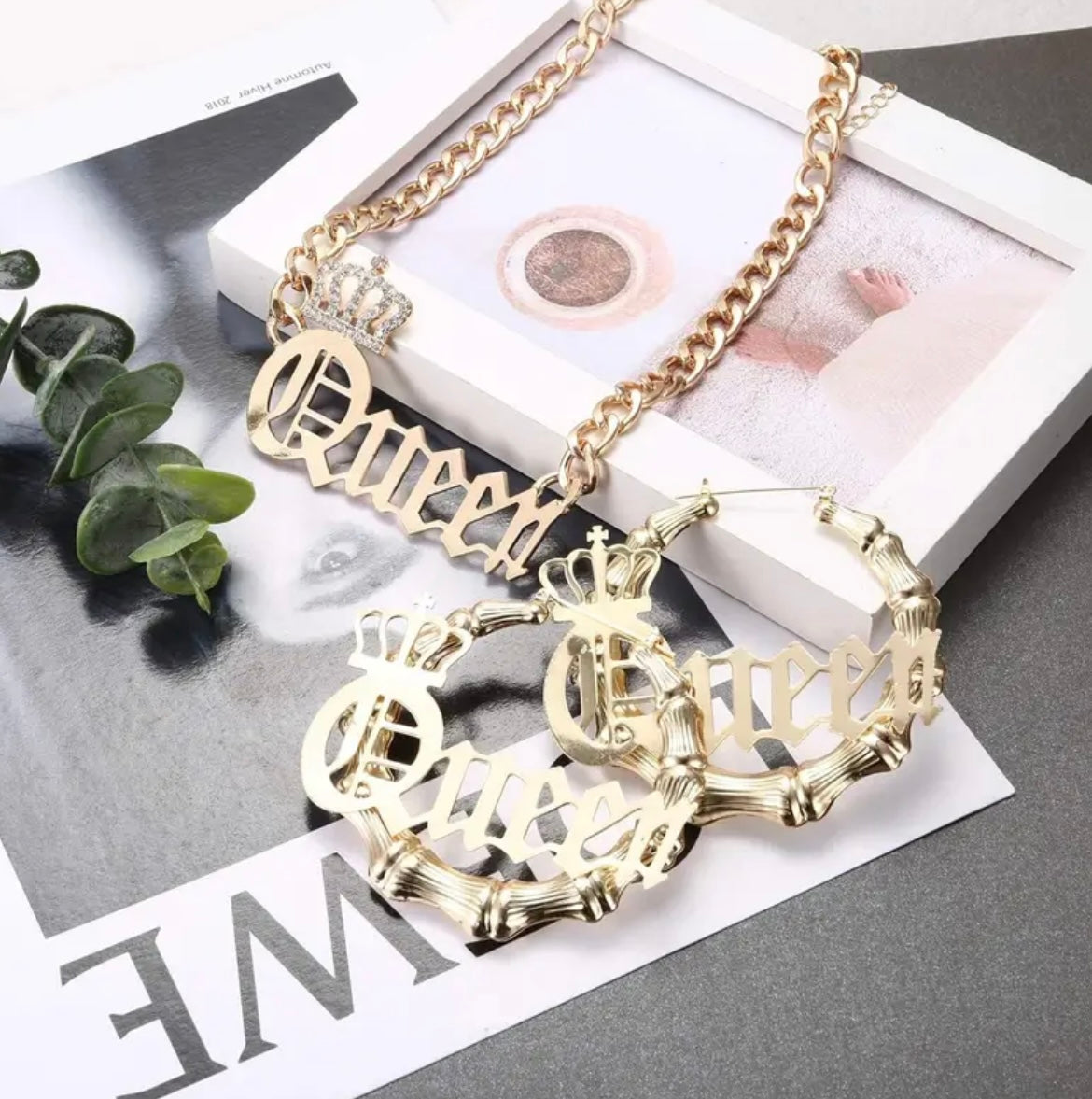 MILACOLATO Women'S Hip Hop Rapper Pendant Curb Chain Necklace with Oversize Statement 90s Bamboo Hoop Earring Set