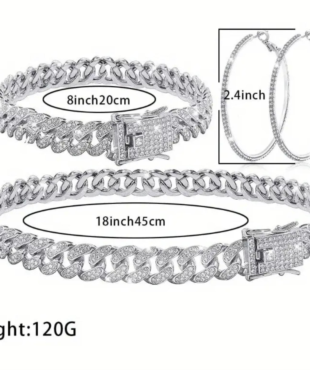 A set of 3pcs/ pieces of fashionable and elegant Silvery Cuban link chain necklace bracelet bracelet earrings collection for women, featuring sparkling necklaces, bracelets, and Earrings