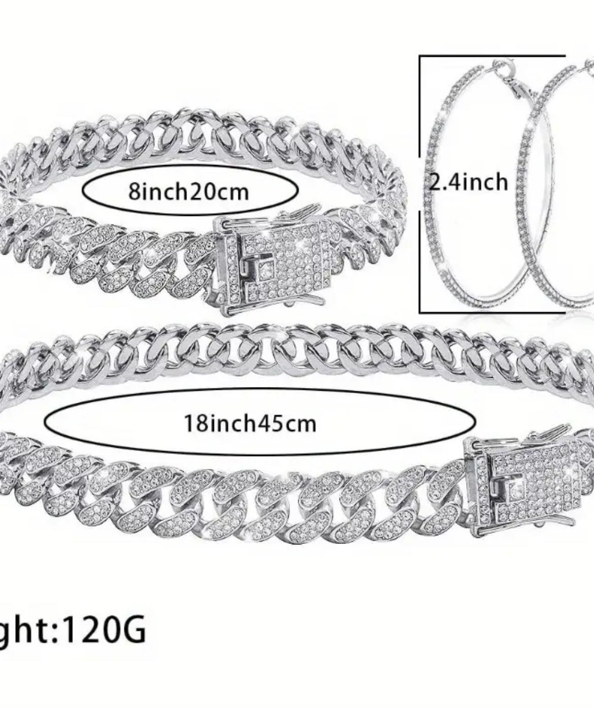 A set of 3pcs/ pieces of fashionable and elegant Silvery Cuban link chain necklace bracelet bracelet earrings collection for women, featuring sparkling necklaces, bracelets, and Earrings
