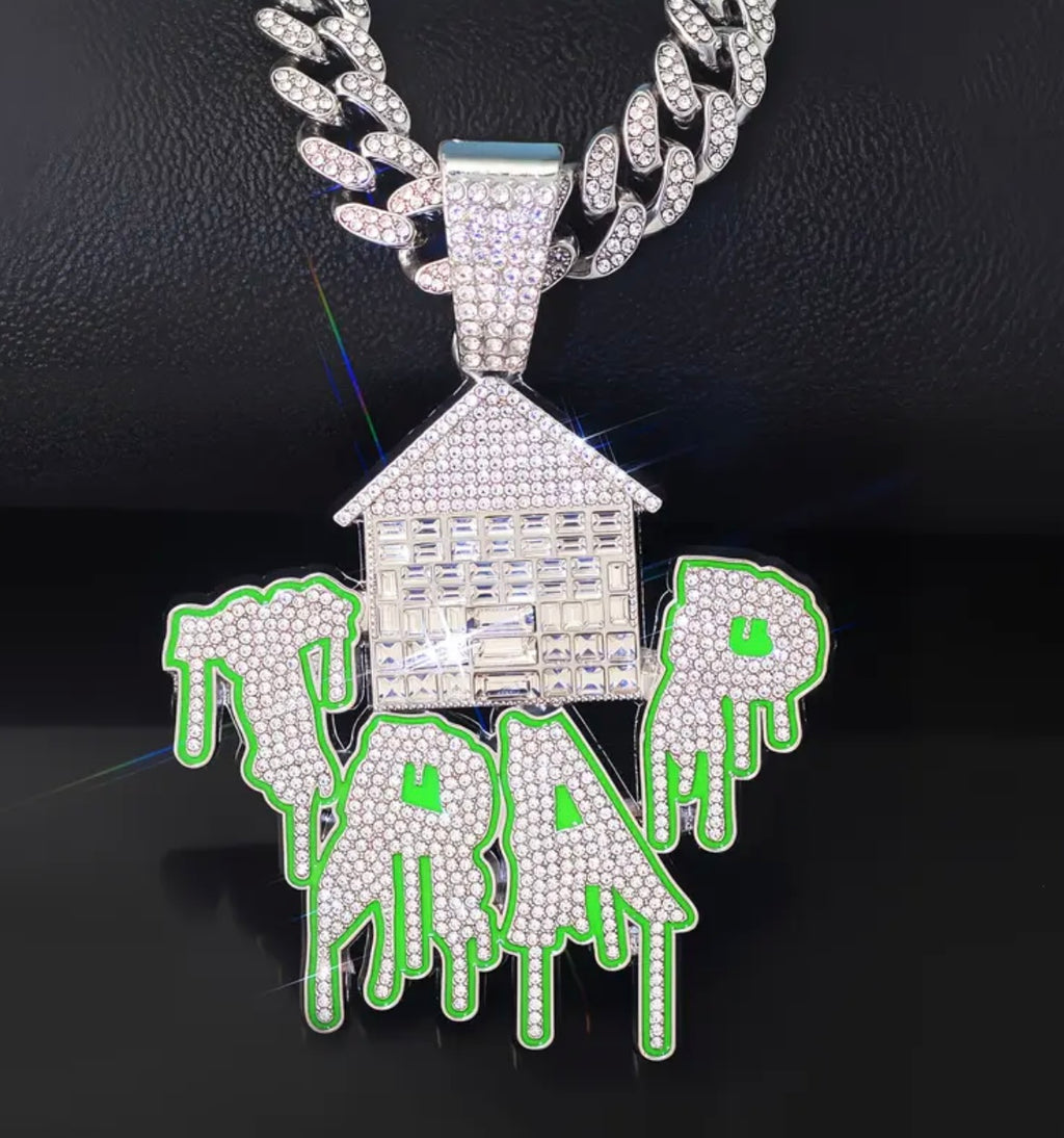 1pc TRAP Pendant Necklace with Ice Cuban Chain - White Golden Plated Hip Hop Jewelry, Green Dripping TRAP Design & House Motif, Unisex Urban Streetwear Gift for Christmas, Parties & Daily Wear
