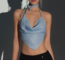 Shinny Backless Tank Top Sexy Deep V-neck Bandage