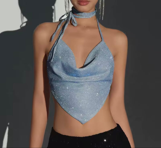 Shinny Backless Tank Top Sexy Deep V-neck Bandage