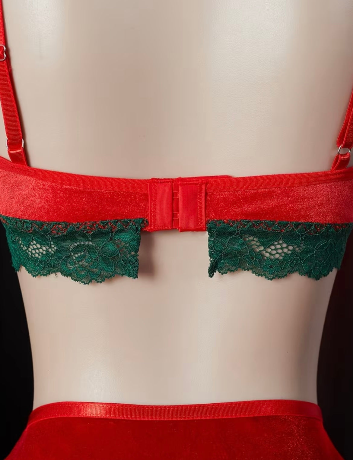 Ladies' Sexy Christmas Outfit Set of Four - Red & Green Lingerie with Lace Trim, High-Waisted Skirt & Stockings, Perfect for Holiday Parties, Christmas Lingerie, Festive Lingerie, Lace Trim Lingerie