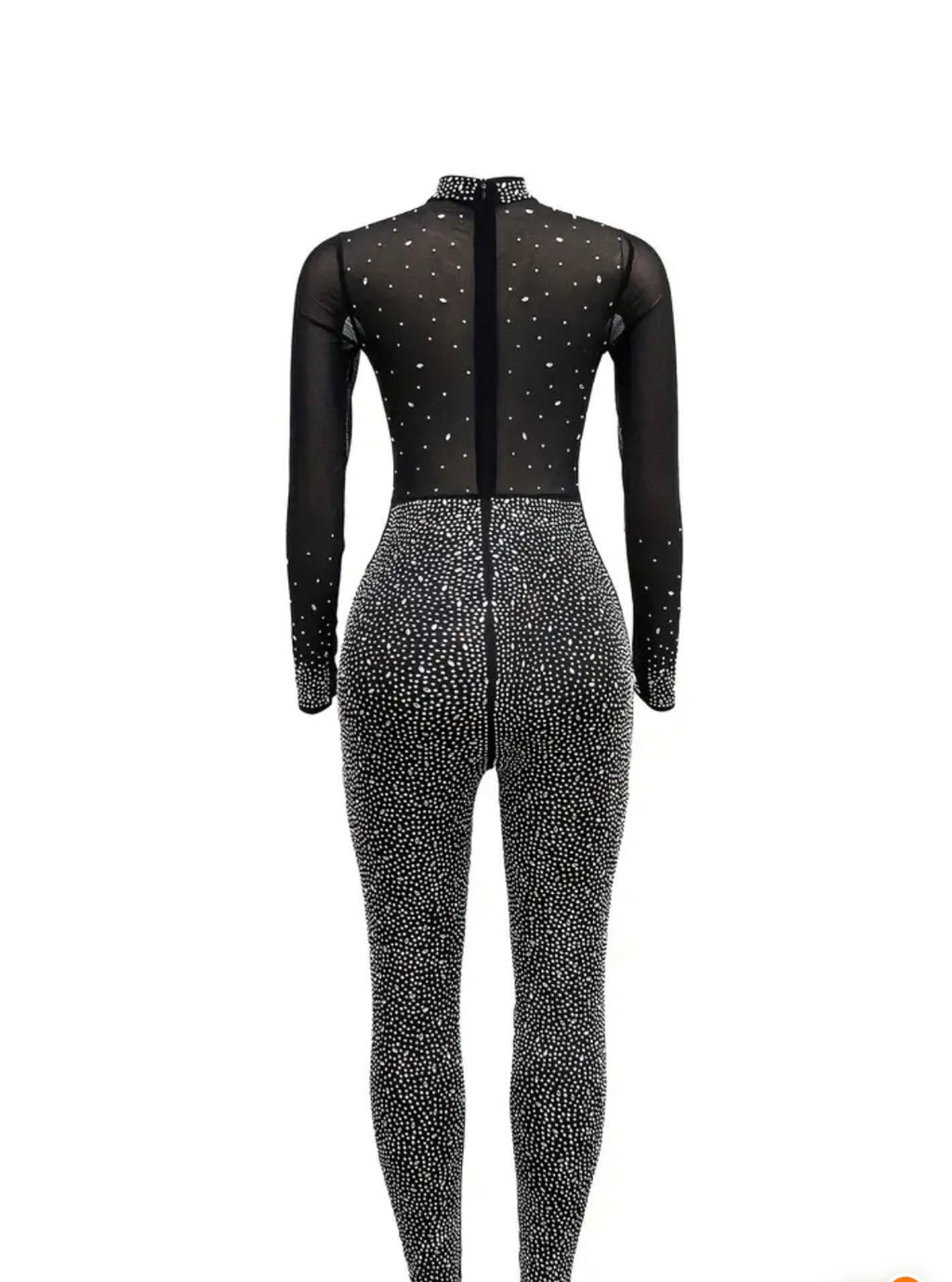 Solid Color Stand Neck Jumpsuit, Y2K Mesh Rhinestone Long Sleeve Jumpsuit For Spring & Summer, Women's Clothing